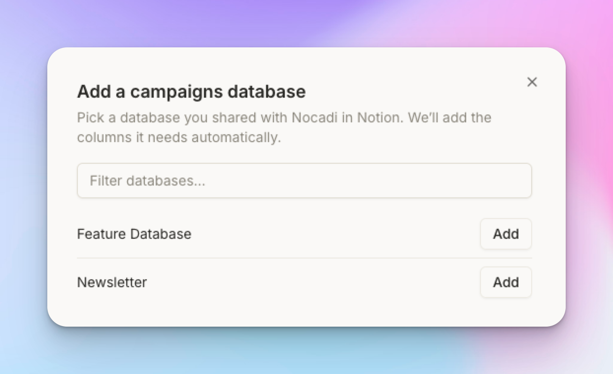 The Add database dialog listing Notion databases shared with Nocadi