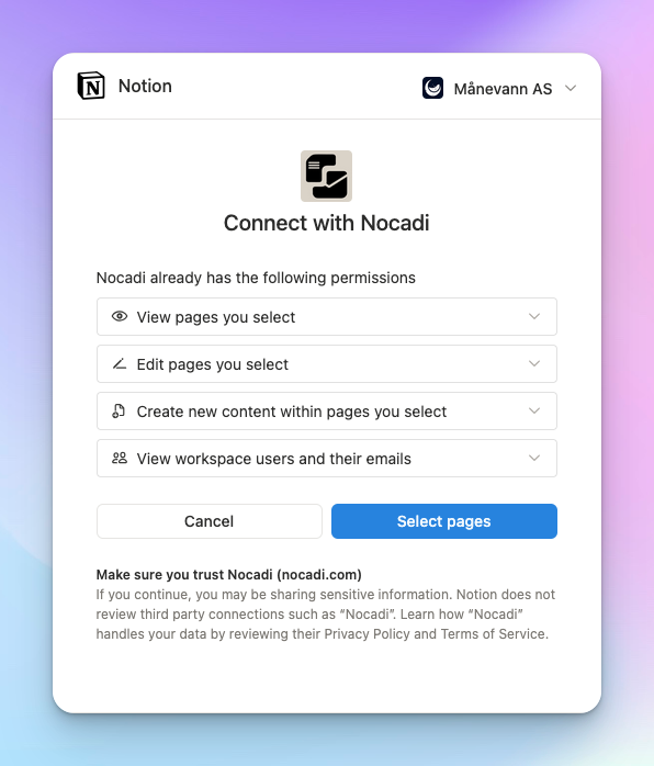 The Notion OAuth screen granting Nocadi read and update access to a workspace