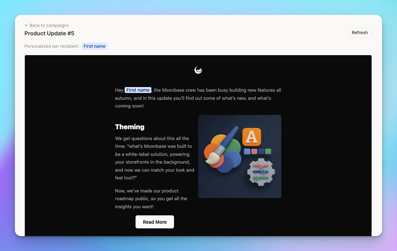 The in-app campaign preview with variable chips and a validation banner