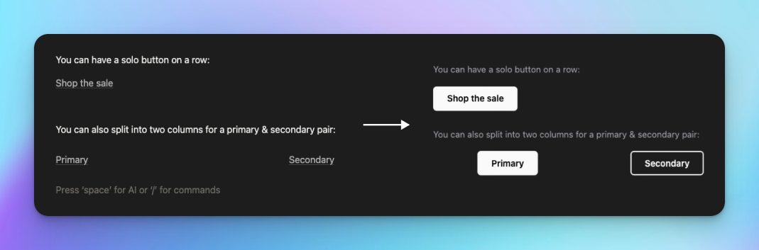 A link on its own line in Notion rendered as a primary button in the email