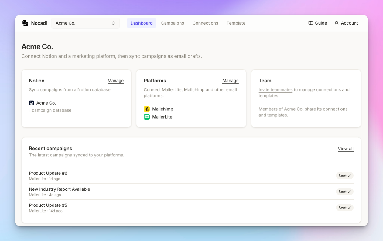 The Nocadi dashboard showing connected Notion, platforms and recent campaigns
