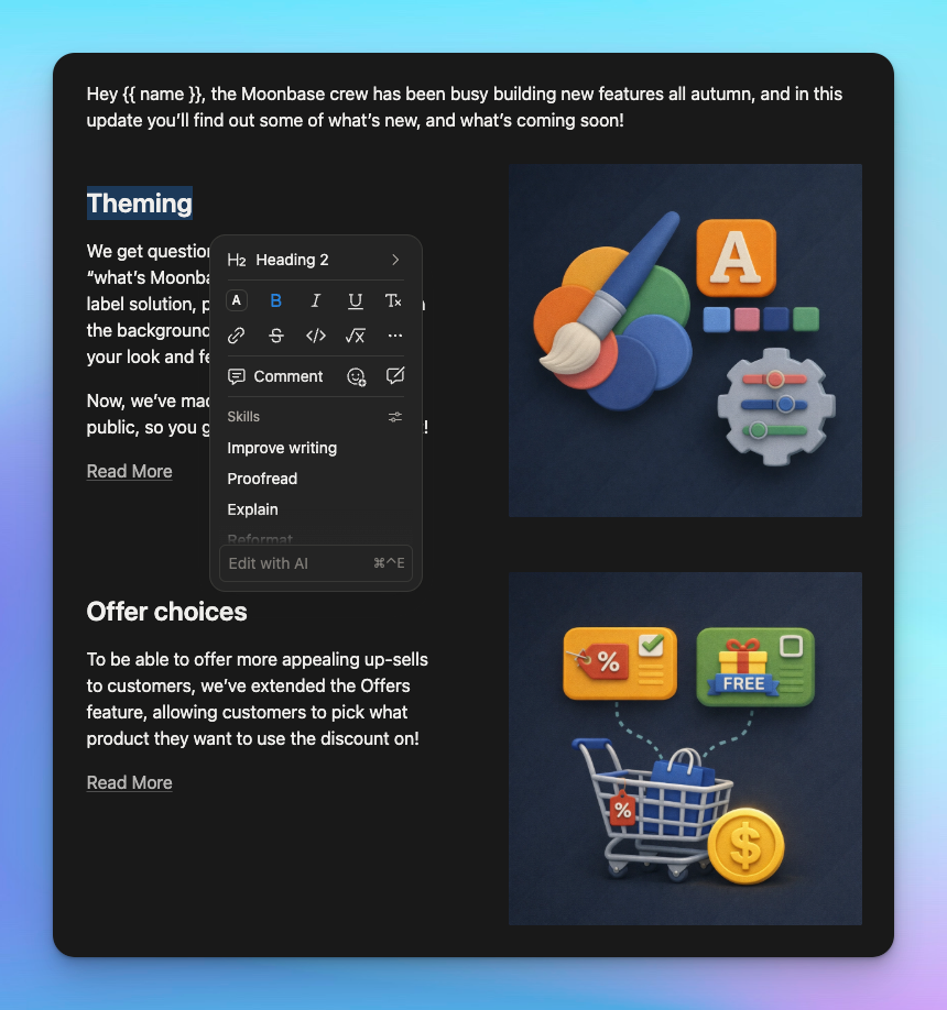 A Notion campaign page using headings, lists, a callout and an image
