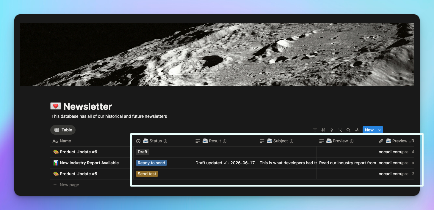 A Notion campaigns database showing the 📨 columns Nocadi provisioned