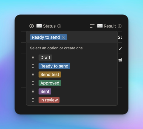 The 📨 Status select open, showing the commands you set (Draft, Ready to send, Send test, Send to audience) and the states Nocadi writes back (In review, Approved, Scheduled, Sent, Rejected)
