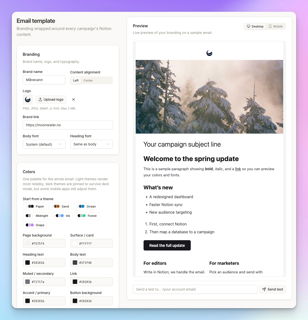 The email template editor with logo, palette, alignment and footer address